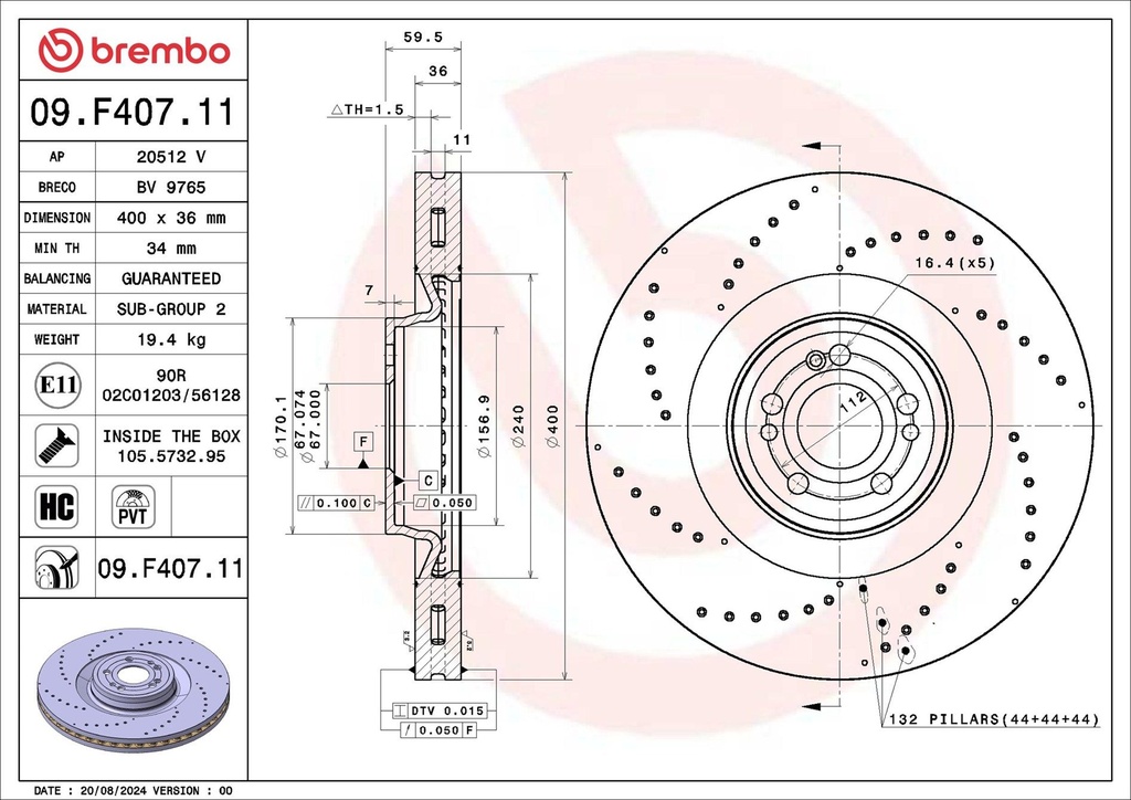 FRONT DISC 400MM CROSS DRILLED BREMBO MERC