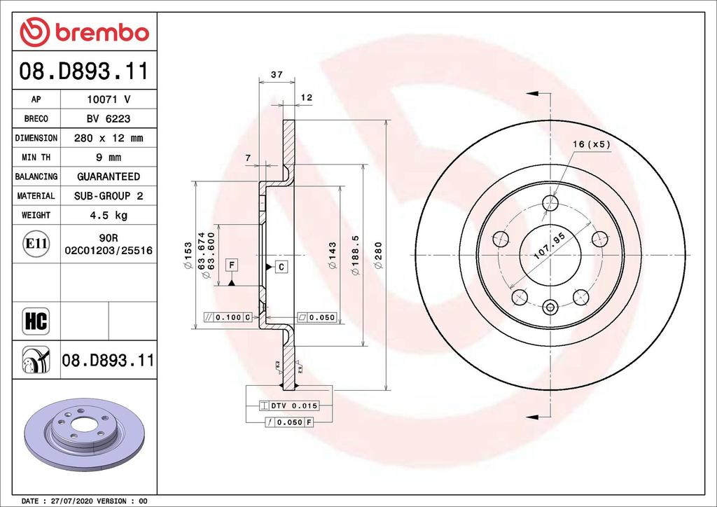 BRAKE DISC REAR 280MM BREMBO VOLVO