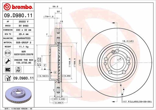 [09.D980.11] BRAKE DISC FRONT 330MM BREMBO MERC