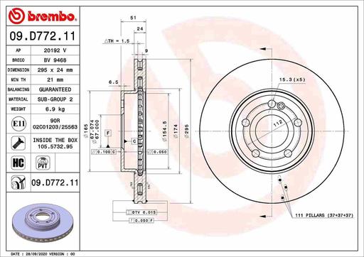 [09.D772.11] BRAKE DISC FRONT 295MM BREMBO MERC