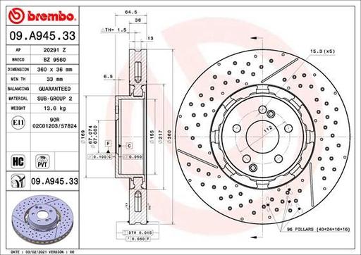 [09.A945.33] BRAKE DISC FRONT 360MM BREMBO MERC (CROSS DRILLED - SLOTTED)