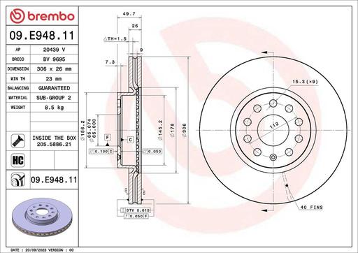 [09.E948.11] BRAKE DISC FRONT 306MM BREMBO VAG