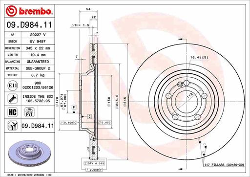 [09.D984.11] BRAKE DISC REAR 345MM BREMBO MERC