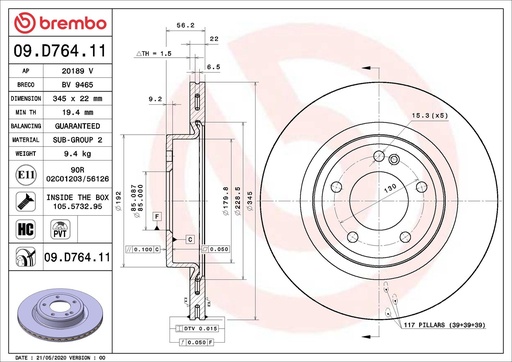[09.D764.11] REAR DISC 345MM BREMBO MERC