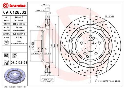 [09.C128.33] BRAKE DISC REAR 360MM BREMBO MERC (CROSS DRILLED - SLOTTED)