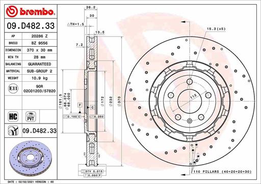 [09.D482.33] BRAKE DISC REAR 370MM BREMBO VAG (CROSS DRILLED)