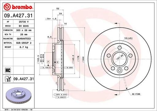 [09.A427.31] BRAKE DISC FRONT 300MM BREMBO VOLVO