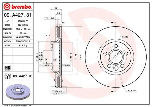 [09.A427.31] FRONT DISC 300MM BREMBO VOLVO