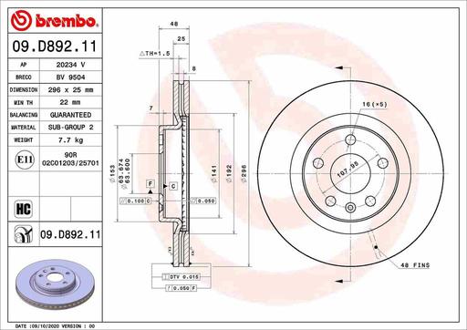 [09.D892.11] BRAKE DISC FRONT 296MM BREMBO VOLVO