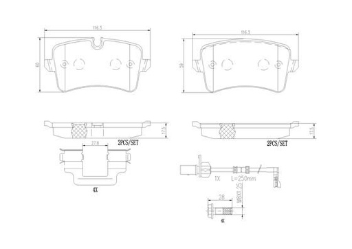 [P85150N] REAR PADS W/SENSOR BREMBO CERAMIC VAG