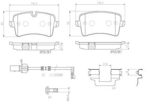 [P85117N] BRAKE PADS REAR WITH SENSOR BREMBO CERAMIC VAG