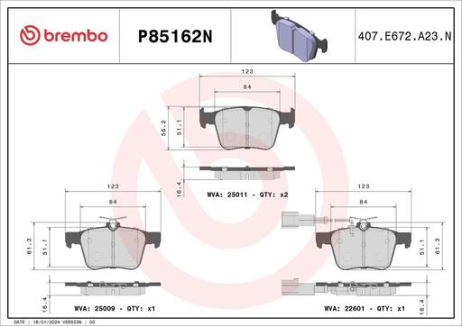[P85162N] BRAKE PADS REAR WITH SENSOR BREMBO CERAMIC VAG