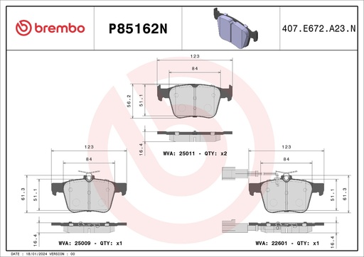 [P85162N] REAR PADS W/SENSOR BREMBO CERAMIC VAG