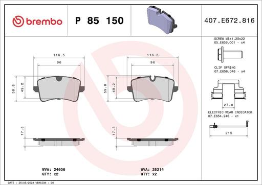 [P85150] BRAKE PADS REAR WITH SENSOR BREMBO VAG PORSCHE