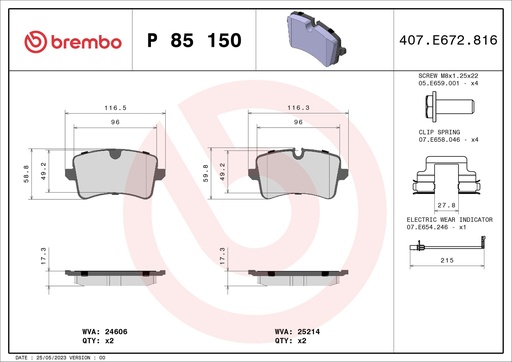 [P85150] REAR PADS W/SENSOR BREMBO VAG/PORSCHE