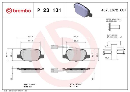 [P23131] BRAKE PADS REAR WITH SENSOR BREMBO ALFA