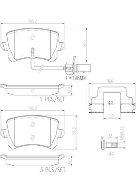 [P85142N] BRAKE PADS REAR WITH SENSOR BREMBO CERAMIC VAG