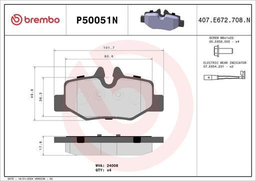 [P50051N] BRAKE PADS REAR WITH SENSOR BREMBO CERAMIC MERC