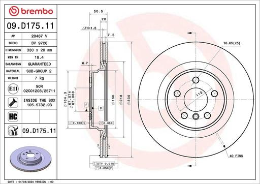 [09.D175.11] BRAKE DISC REAR 330MM BREMBO BMW