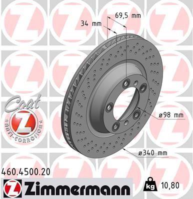 [460.4501.20] BRAKE DISC FRONT RH 340MM ZIMMERMANN PORSCHE (CROSS DRILLED)