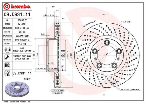 [09.D931.11] BRAKE DISC FRONT 330MM RH BREMBO PORSCHE (CROSS DRILLED)