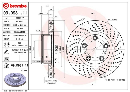 [09.D931.11] FRONT DISC 330MM RH XDRILLED BREMBO PORSCHE