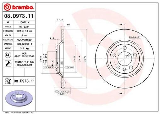[08.D973.11] BRAKE DISC REAR 272MM BREMBO VAG