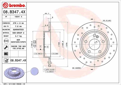 [08.B347.4X] BRAKE DISC REAR 276MM BREMBO MERC (CROSS DRILLED)