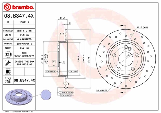 [08.B347.4X] REAR DISC 276MM CROSS DRILLED BREMBO MERC