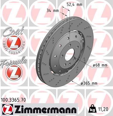 [100.3365.70] BRAKE DISC FRONT 365MM ZIMMERMANN VAG (CROSS DRILLED)