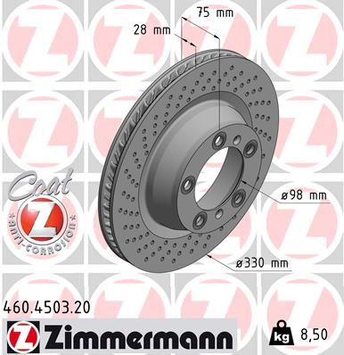 [460.4503.20] REAR DISC RH 330MM CROSS DRILLED ZIMMERMANN PORSCHE