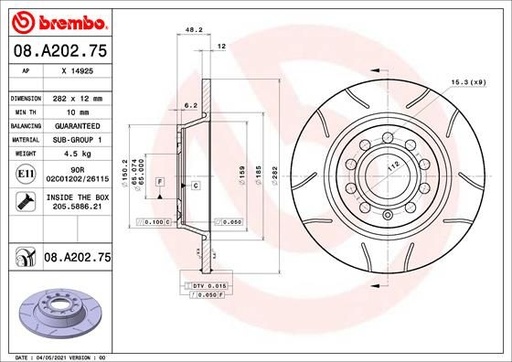 [08.A202.75] REAR DISC 282MM SLOTTED BREMBO VAG