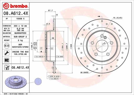 [08.A612.4X] BRAKE DISC REAR 276MM BREMBO MERC (CROSS DRILLED)