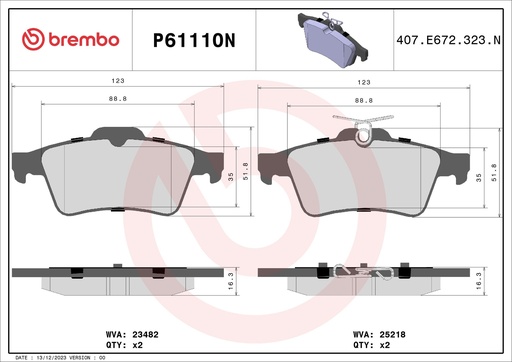 [P61110N] REAR PADS BREMBO CERAMIC PSA