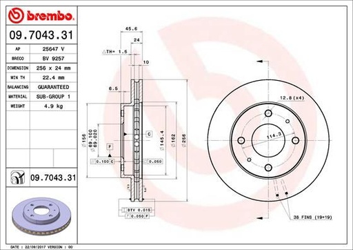 [09.7043.31] FRONT DISC 256MM BREMBO VOLVO
