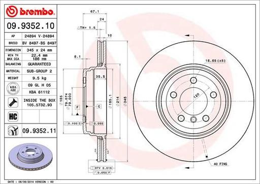 [09.9352.10] BRAKE DISC REAR 345MM BREMBO BMW
