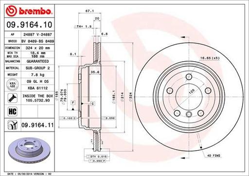 [09.9164.11] BRAKE DISC REAR 324MM BREMBO BMW