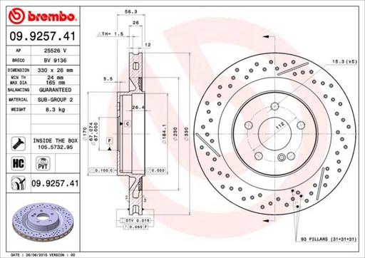 [09.9257.41] BRAKE DISC REAR 330MM BREMBO MERC (CROSS DRILLED)