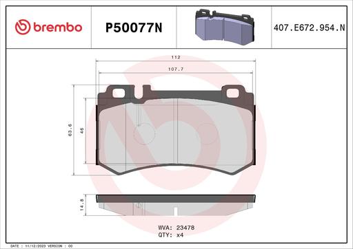 [P50077N] BRAKE PADS REAR BREMBO CERAMIC MERC