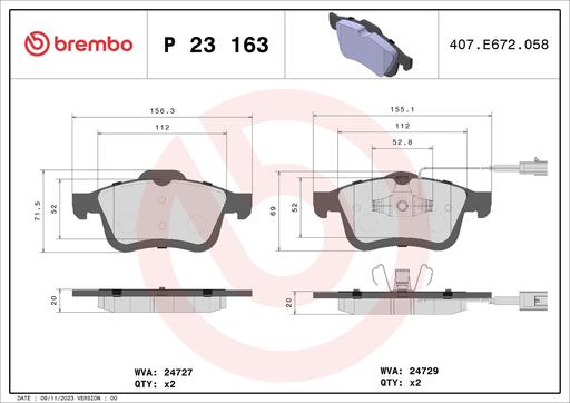 [P23163] BRAKE PADS FRONT BREMBO FIAT