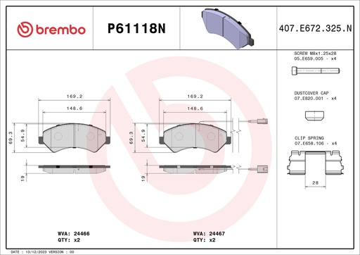 [P61118N] FRONT PADS W/SENSOR BREMBO CERAMIC FIAT