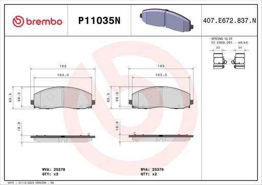 [P11035N] BRAKE PADS FRONT BREMBO CERAMIC FIAT DODGE JEEP CHRYSLER