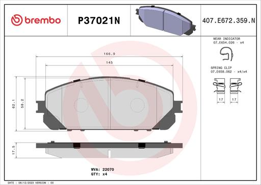 [P37021N] BRAKE PADS FRONT BREMBO CERAMIC JEEP