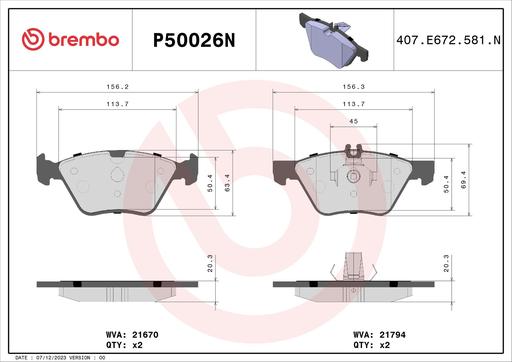 [P50026N] BRAKE PADS FRONT BREMBO CERAMIC MERC