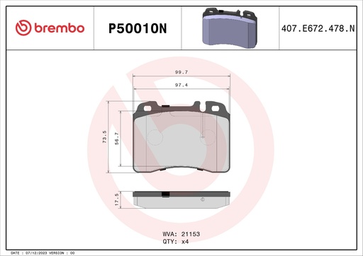 [P50010N] FRONT PADS BREMBO CERAMIC MERC
