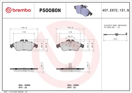 [P50080N] BRAKE PADS FRONT WITH SENSOR BREMBO CERAMIC MERC VAG