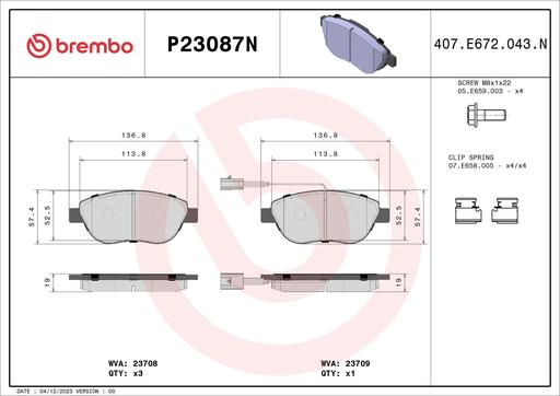 [P23087N] BRAKE PADS FRONT BREMBO CERAMIC FIAT