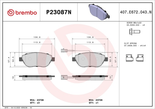 [P23087N] FRONT PADS BREMBO CERAMIC NAO TECH FIAT