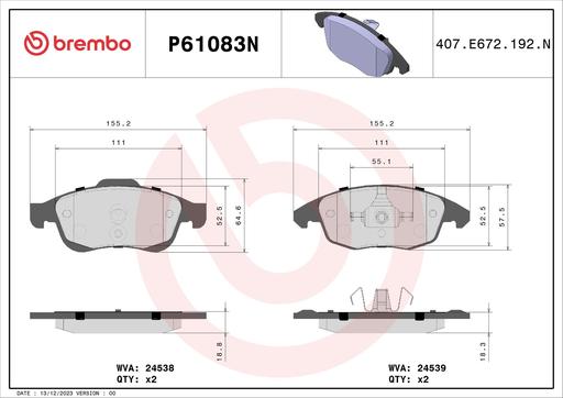 [P61083N] BRAKE PADS FRONT BREMBO CERAMIC PSA