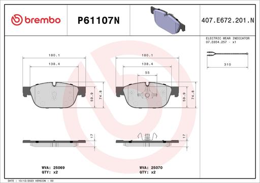 [P61107N] BRAKE PADS FRONT WITH SENSOR BREMBO CERAMIC PSA